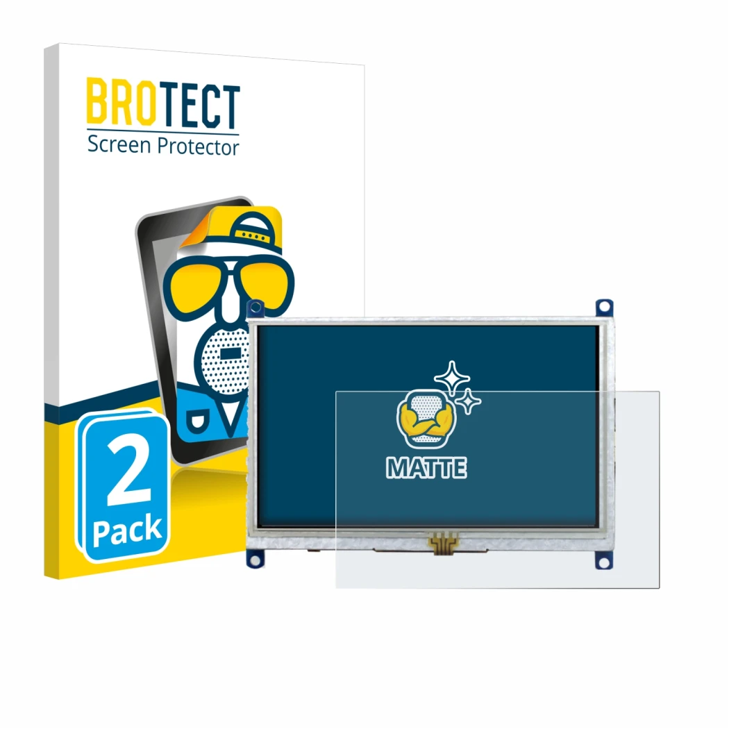 Front side of a product packaging with the brand logo BROTECT. Next to it is the device Raspberry Pi Touchscreen 5