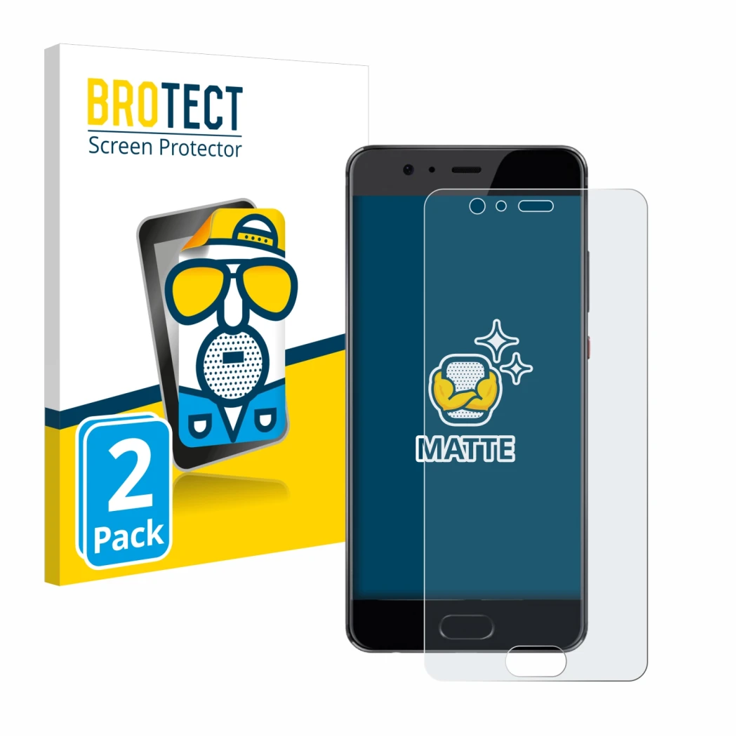 Front side of a product packaging with the brand logo BROTECT. Next to it is the device Huawei P10 Plus shown with the corresp