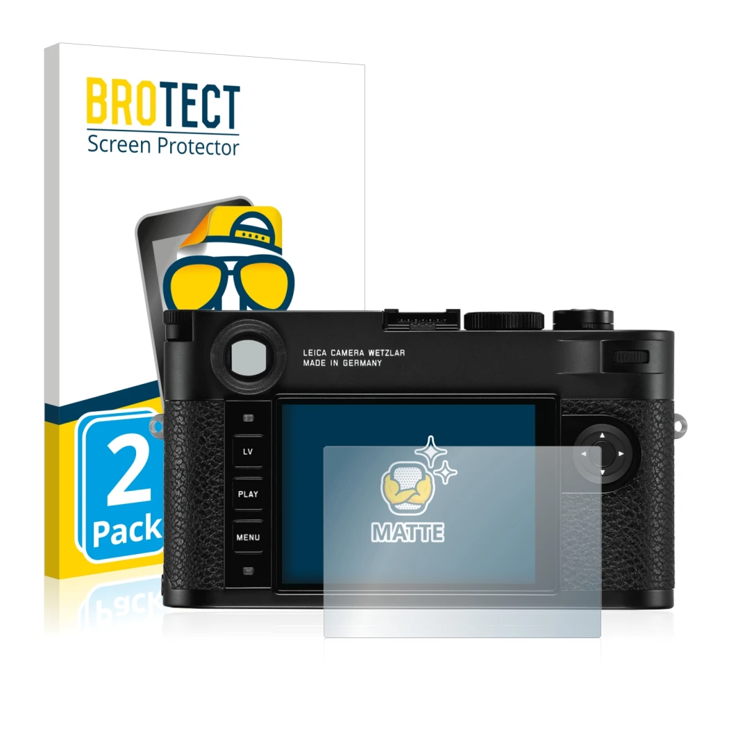 Front side of a product packaging with the brand logo BROTECT. Next to it is the device Leica M10 shown with the corresponding