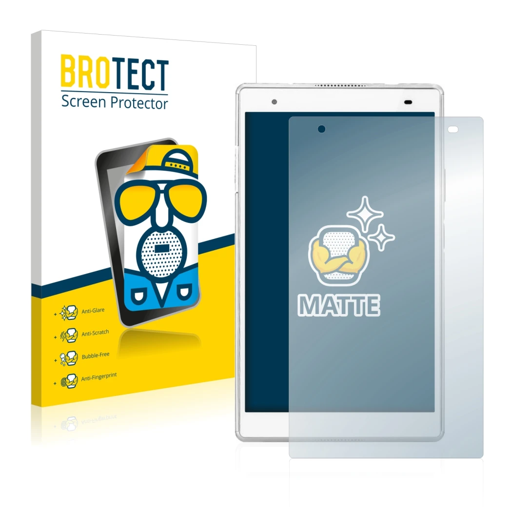 Front side of a product packaging with the brand logo BROTECT. Next to it is the device Lenovo Tab 4 8 Plus shown with the cor