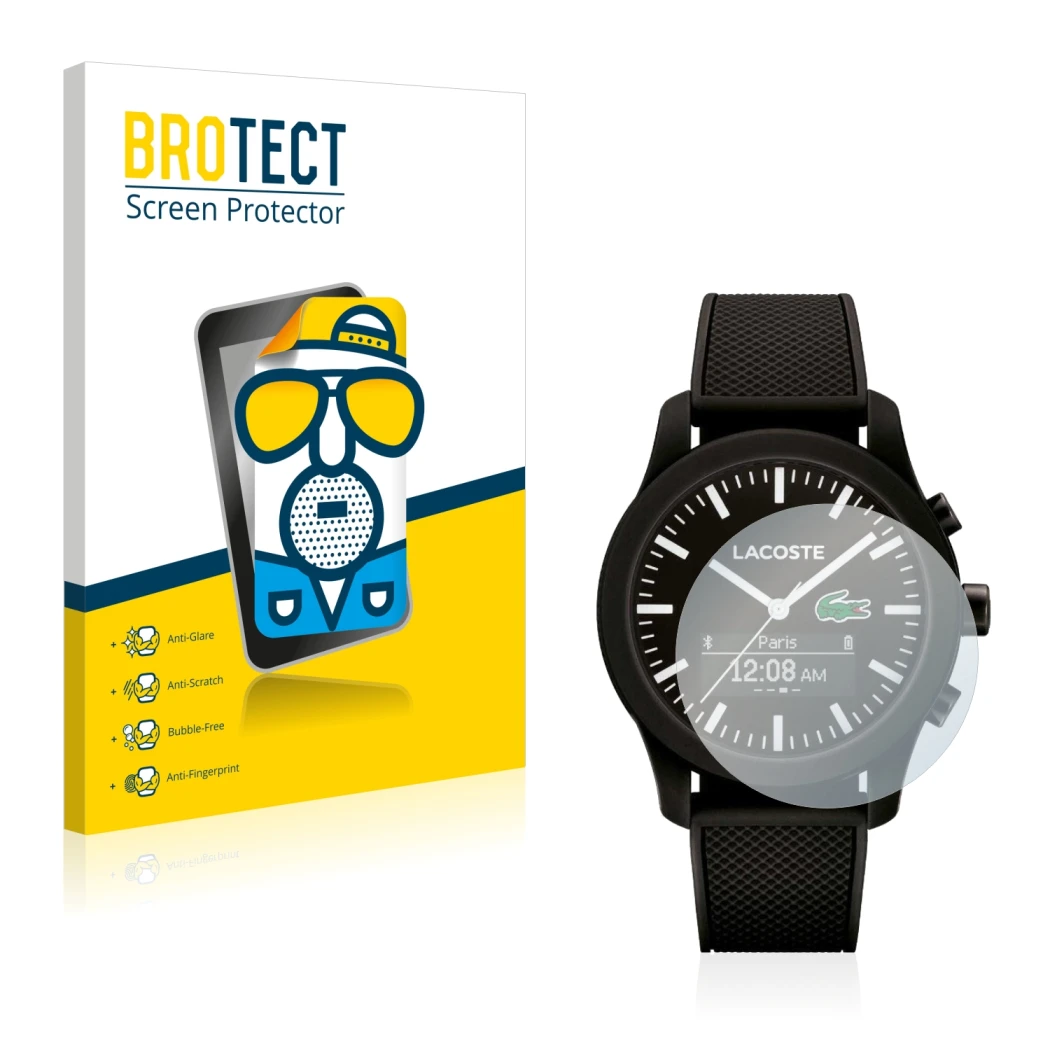 Front side of a product packaging with the brand logo BROTECT. Next to it is the device Lacoste 12.12 Contact shown with the c