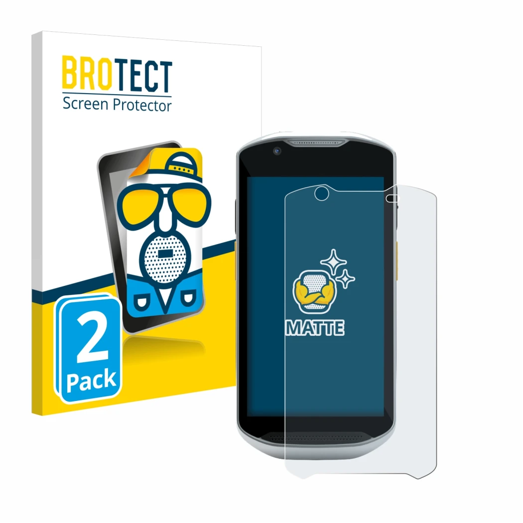 Front side of a product packaging with the brand logo BROTECT. Next to it is the device Zebra TC56 shown with the correspondin