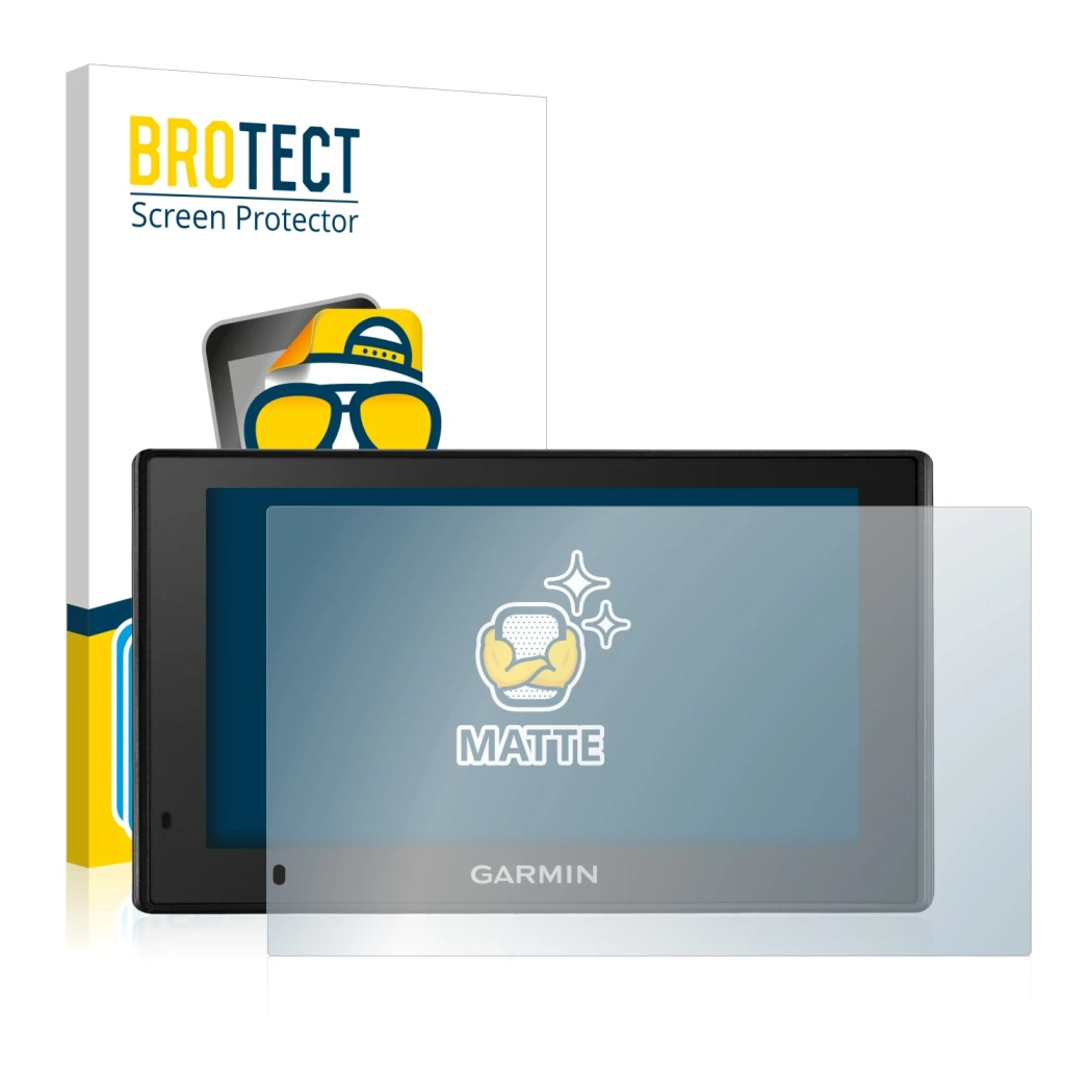 Front side of a product packaging with the brand logo BROTECT. Next to it is the device Garmin DriveSmart 51 LMT-D shown with