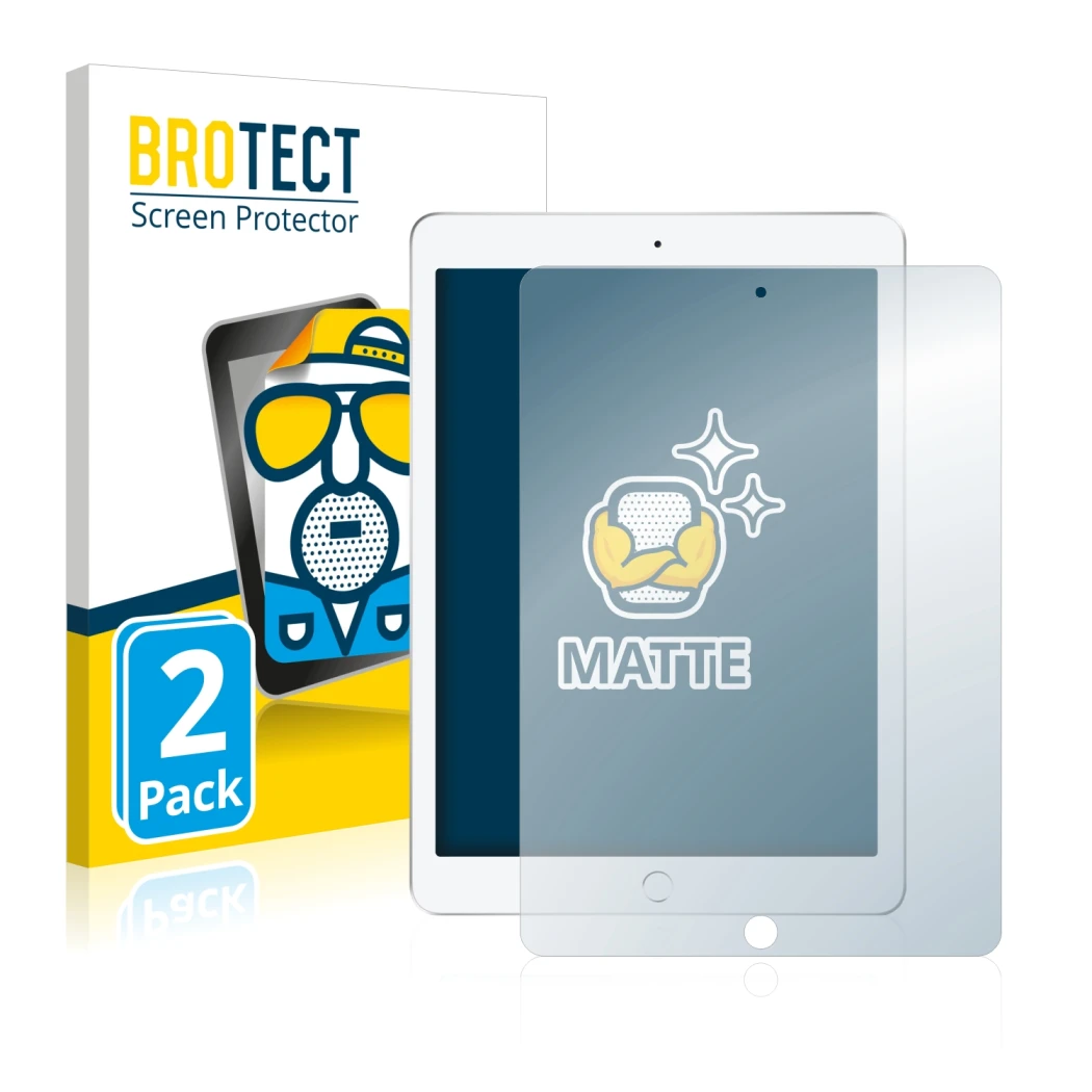 Front side of a product packaging with the brand logo BROTECT. Next to it is the device Apple iPad 9.7 2017 (5th. Gen.) shown