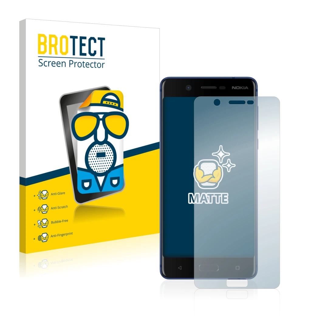 Front side of a product packaging with the brand logo BROTECT. Next to it is the device Nokia 5 shown with the corresponding s