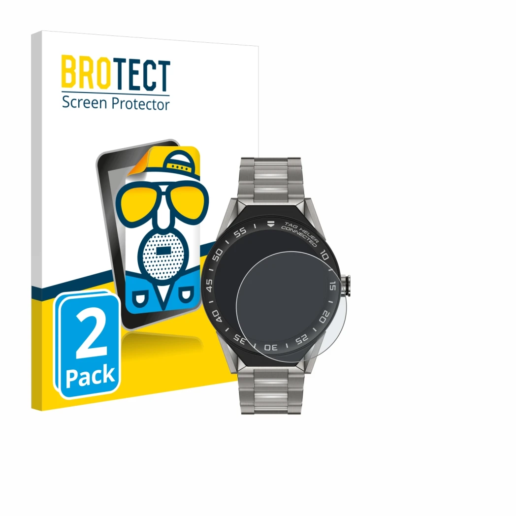 Front side of a product packaging with the brand logo BROTECT. Next to it is the device TAG Heuer Connected Modular 45 shown w