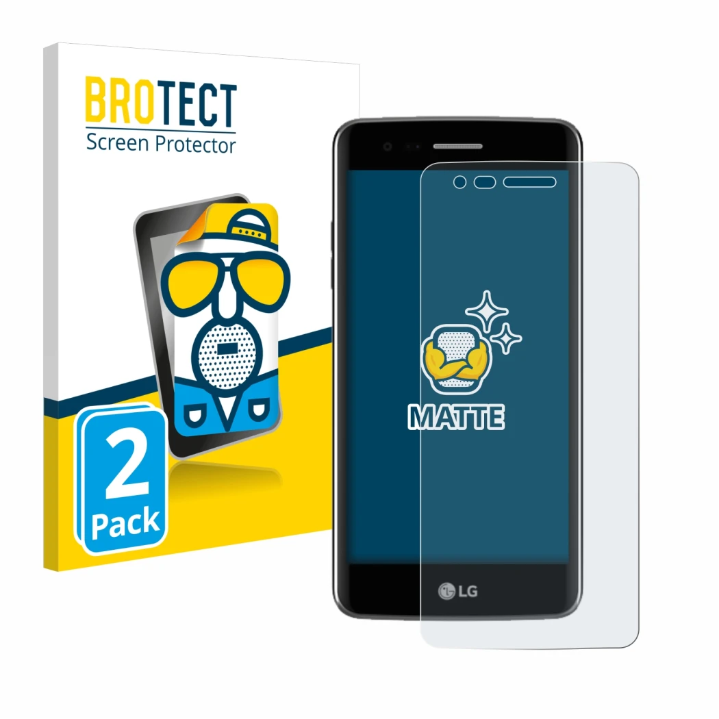 Front side of a product packaging with the brand logo BROTECT. Next to it is the device LG K8 2017 shown with the correspondin