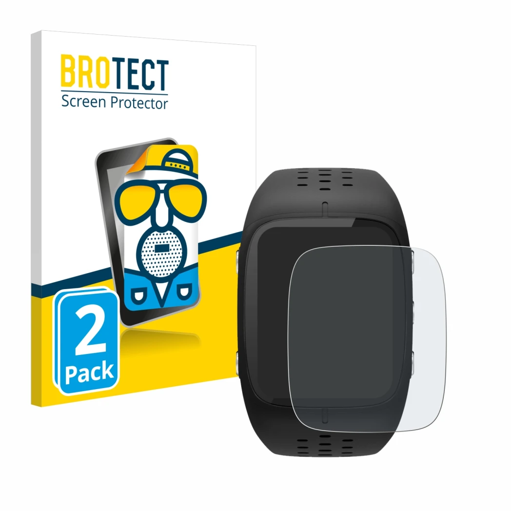 Front side of a product packaging with the brand logo BROTECT. Next to it is the device Polar M430 shown with the correspondin