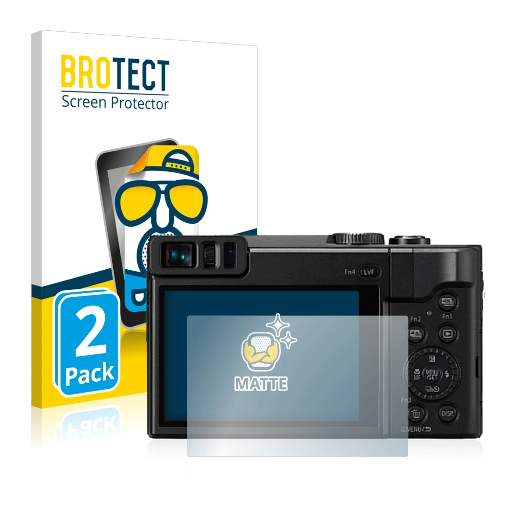 Front side of a product packaging with the brand logo BROTECT. Next to it is the device Panasonic Lumix DC-TZ91 shown with the