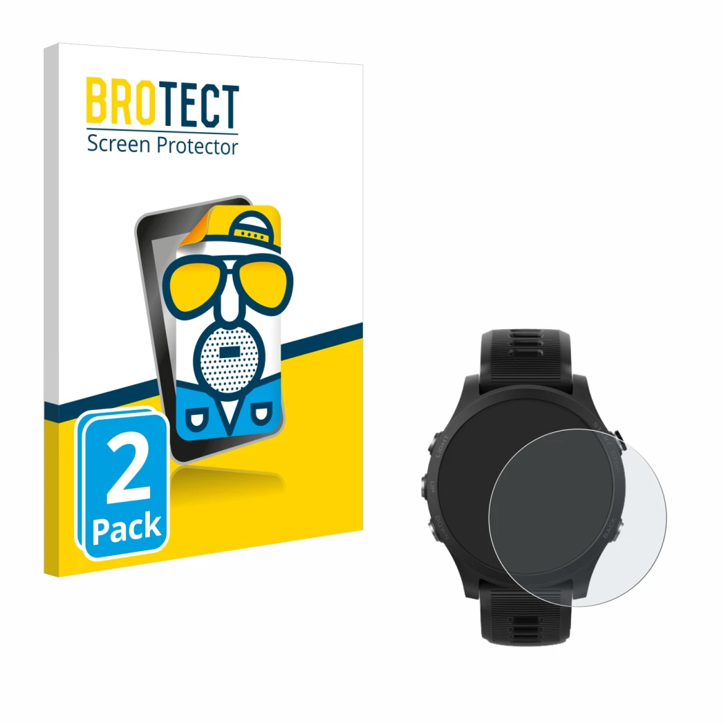 Front side of a product packaging with the brand logo BROTECT. Next to it is the device Garmin Forerunner 935 shown with the c