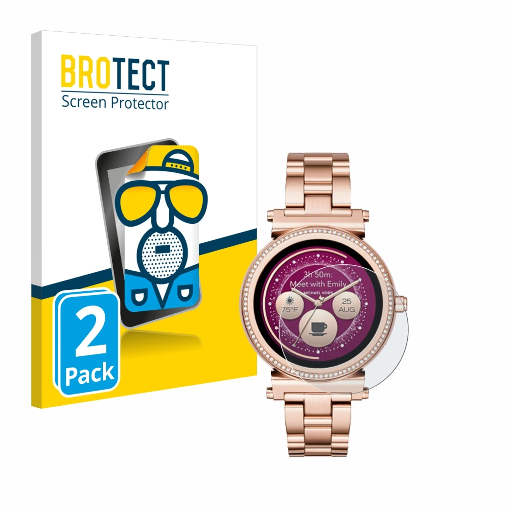 Front side of a product packaging with the brand logo BROTECT. Next to it is the device Michael Kors Access Sofie shown with t