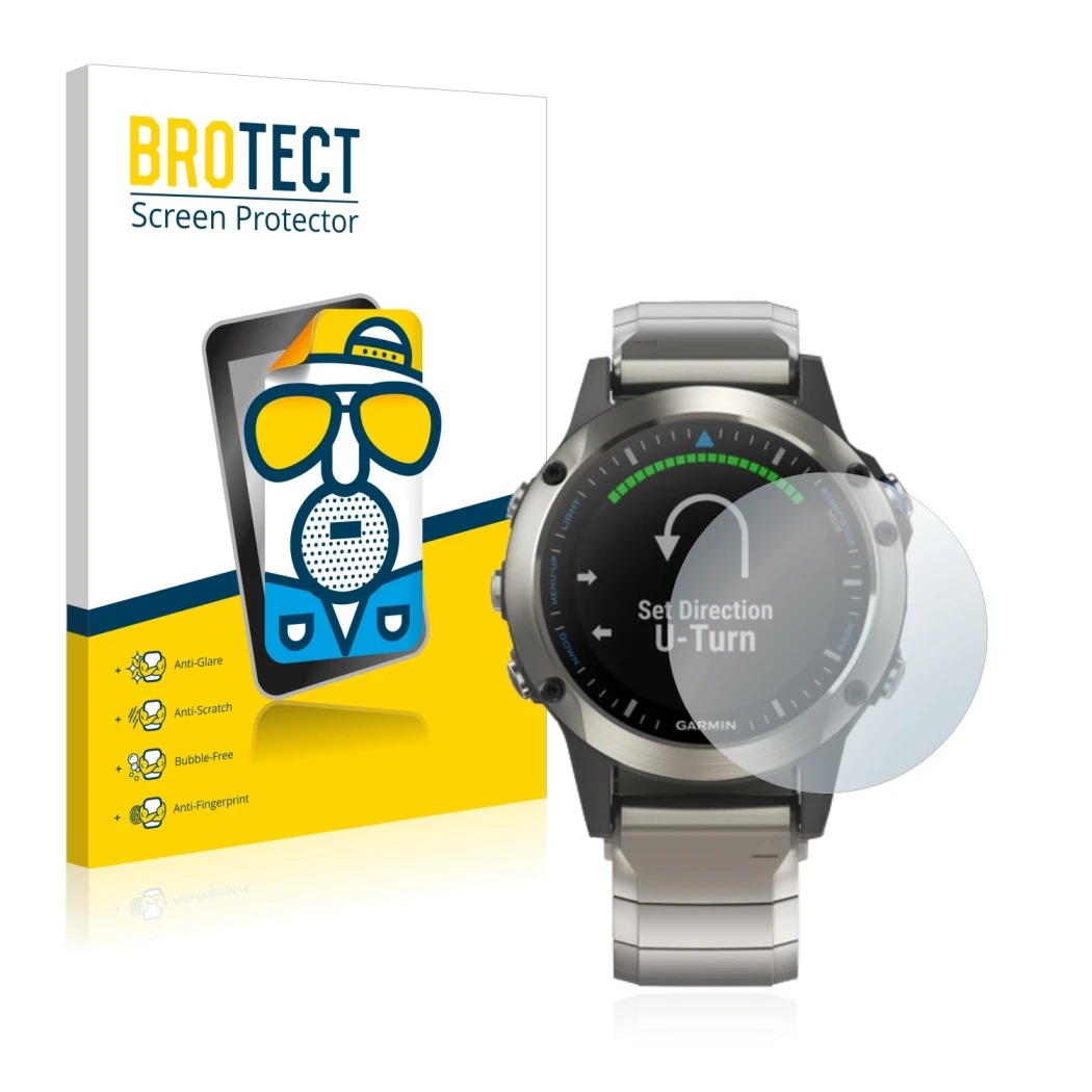 Front side of a product packaging with the brand logo BROTECT. Next to it is the device Garmin quatix 5 shown with the corresp