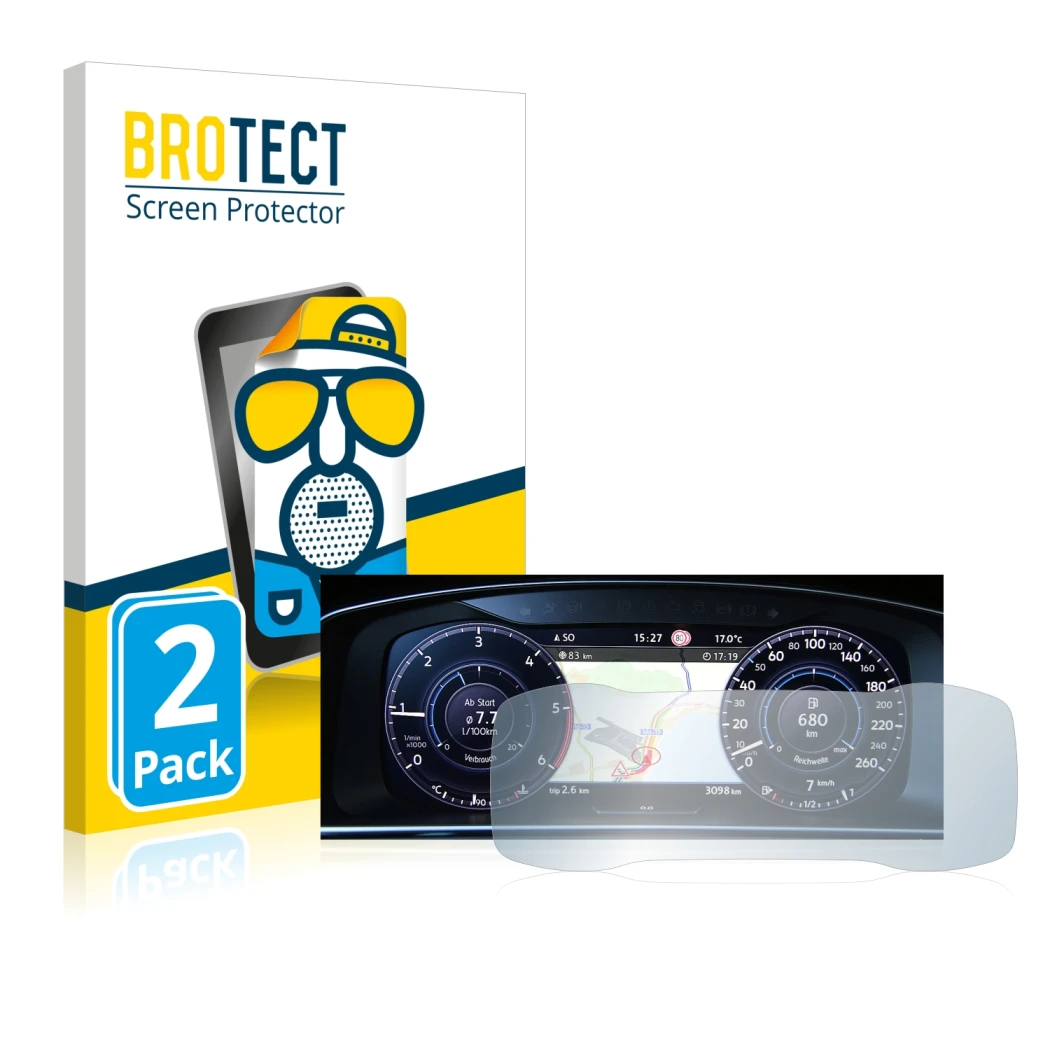 Front side of a product packaging with the brand logo BROTECT. Next to it is the device Volkswagen Golf 7 Active Info Chockpit
