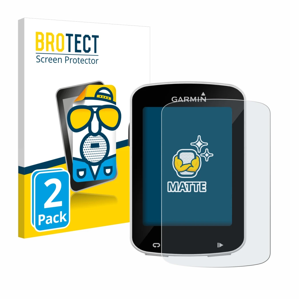 Front side of a product packaging with the brand logo BROTECT. Next to it is the device Garmin Edge Explore 820 shown with the