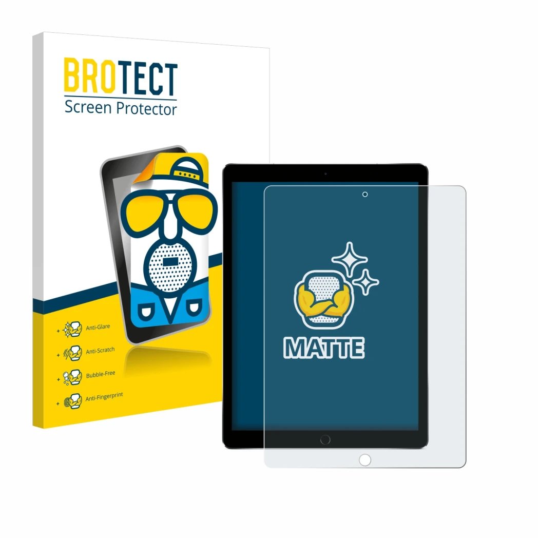 Front side of a product packaging with the brand logo BROTECT. Next to it is the device Apple iPad Pro 12.9