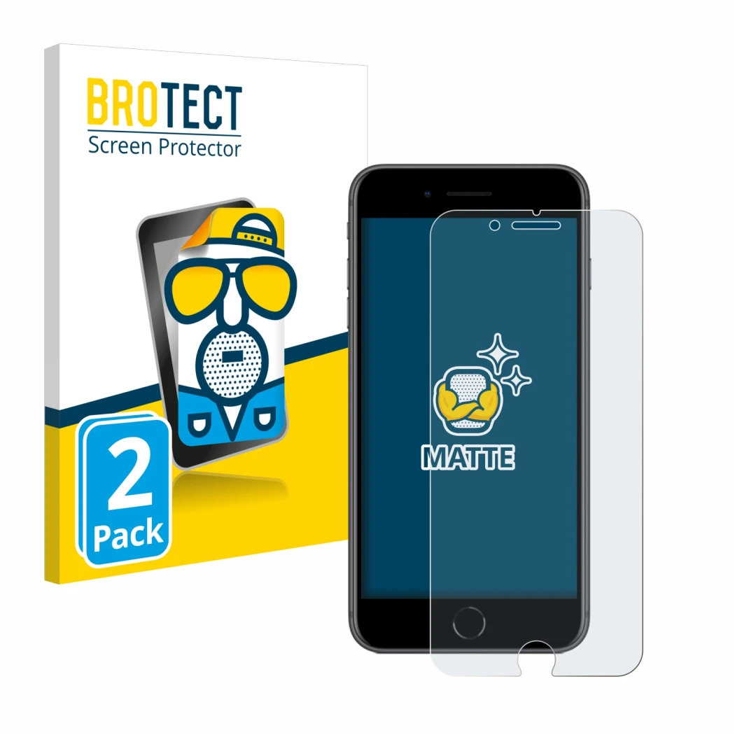 Front side of a product packaging with the brand logo BROTECT. Next to it is the device Apple iPhone 8 Plus shown with the cor