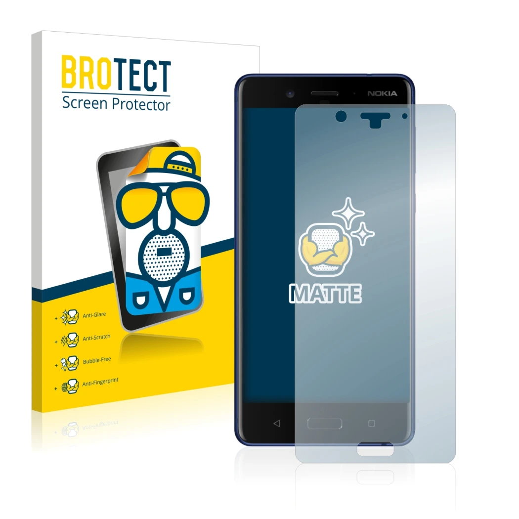 Front side of a product packaging with the brand logo BROTECT. Next to it is the device Nokia 8 shown with the corresponding s