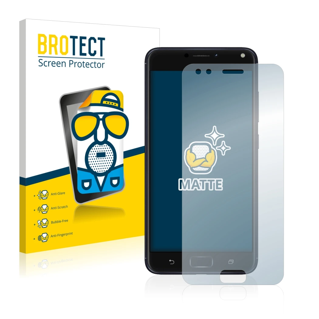 Front side of a product packaging with the brand logo BROTECT. Next to it is the device ASUS ZenFone 4 ZE554KL shown with the