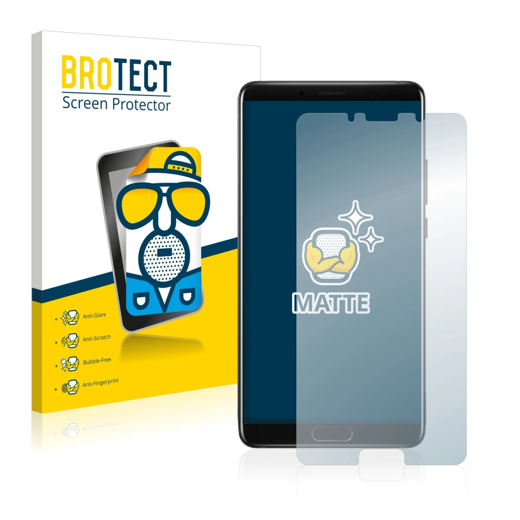Front side of a product packaging with the brand logo BROTECT. Next to it is the device Huawei Mate 10 shown with the correspo