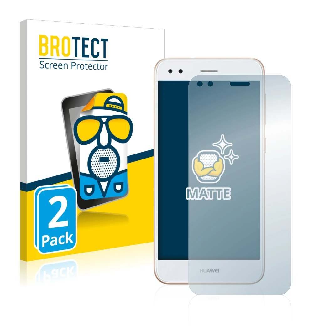 Front side of a product packaging with the brand logo BROTECT. Next to it is the device Huawei P9 Lite Mini shown with the cor