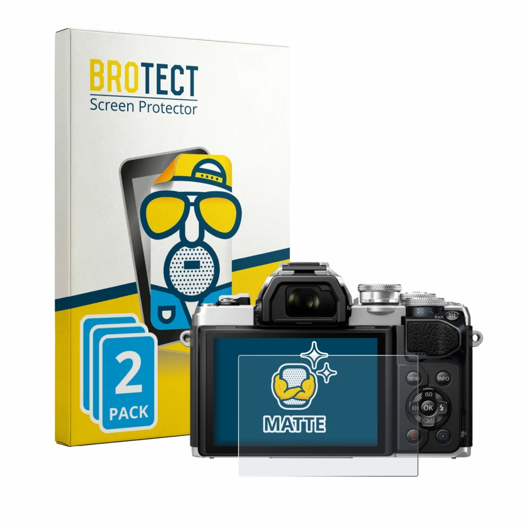 Front side of a product packaging with the brand logo BROTECT. Next to it is the device Olympus OM-D E-M10 Mark III shown with