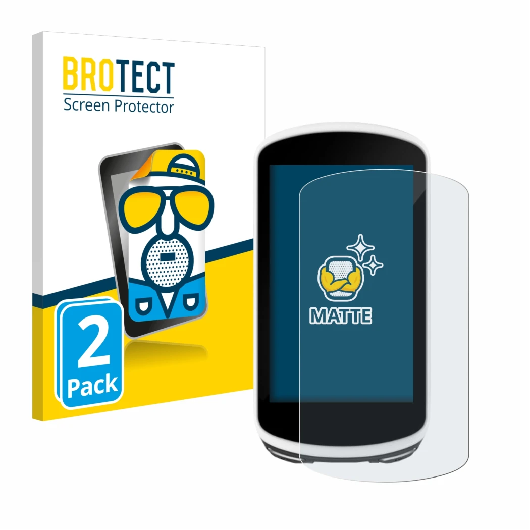 Front side of a product packaging with the brand logo BROTECT. Next to it is the device Garmin Edge 1030 shown with the corres