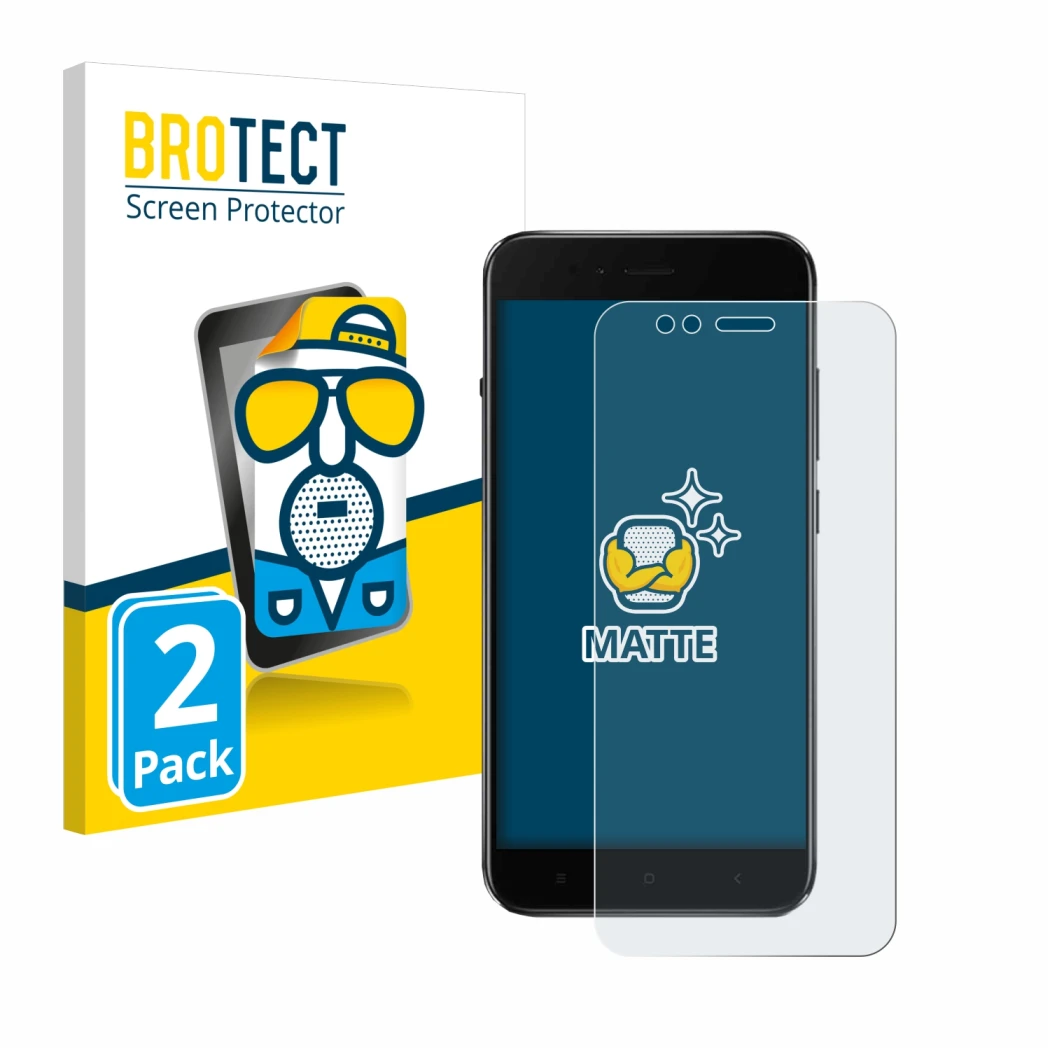 Front side of a product packaging with the brand logo BROTECT. Next to it is the device Xiaomi Mi A1 shown with the correspond