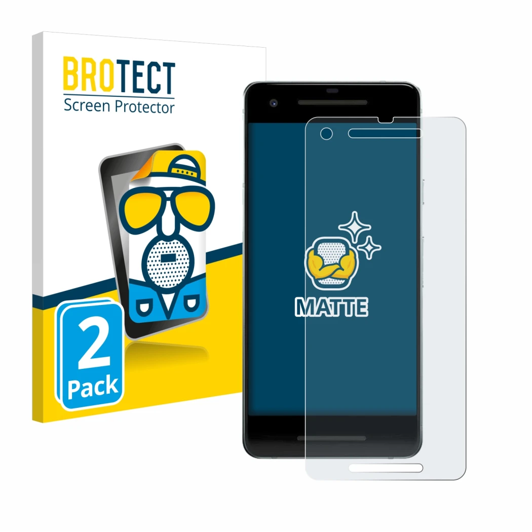 Front side of a product packaging with the brand logo BROTECT. Next to it is the device Google Pixel 2 shown with the correspo