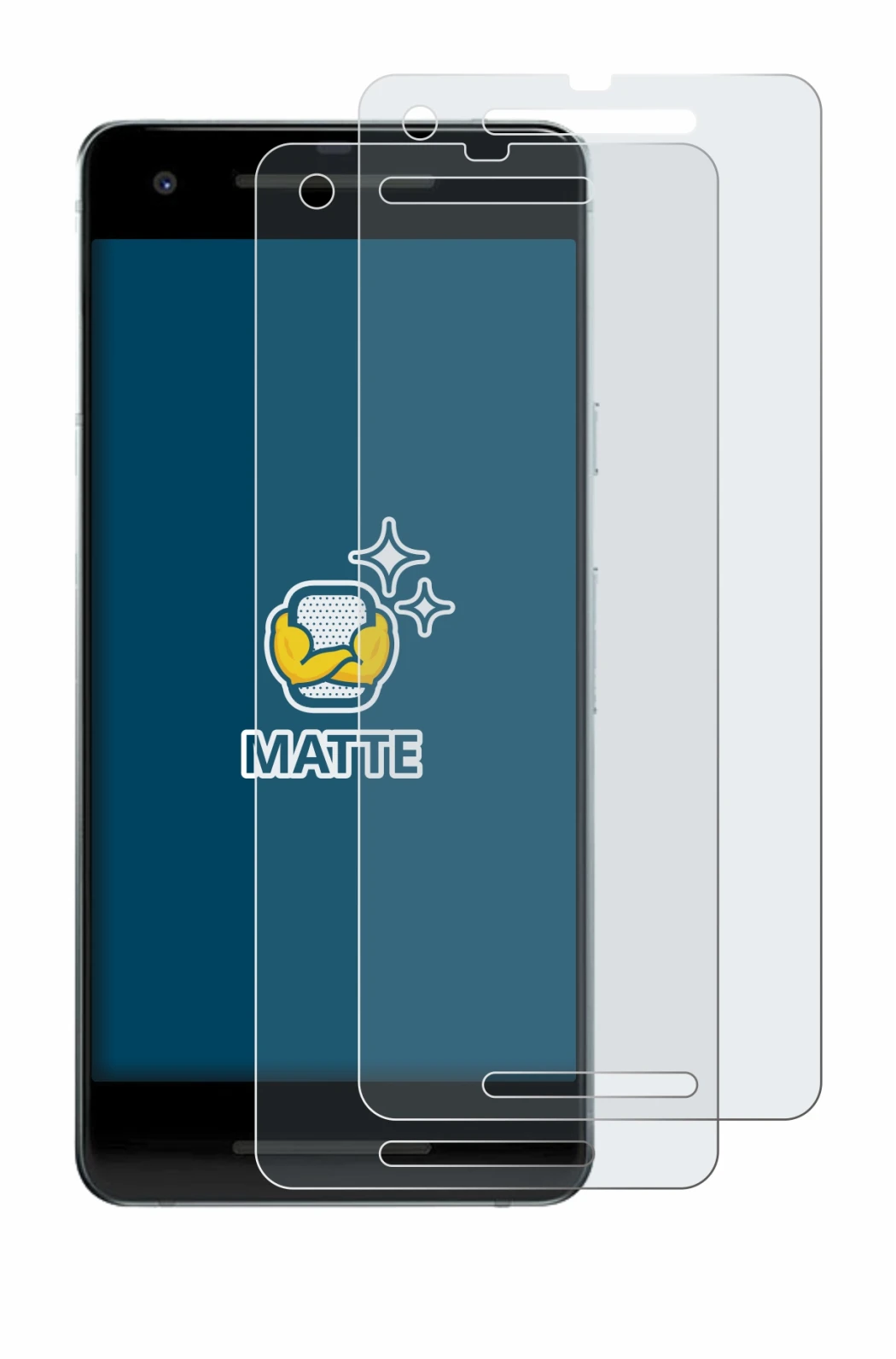 Image of the device Google Pixel 2 with a wide variety of screen protectors.