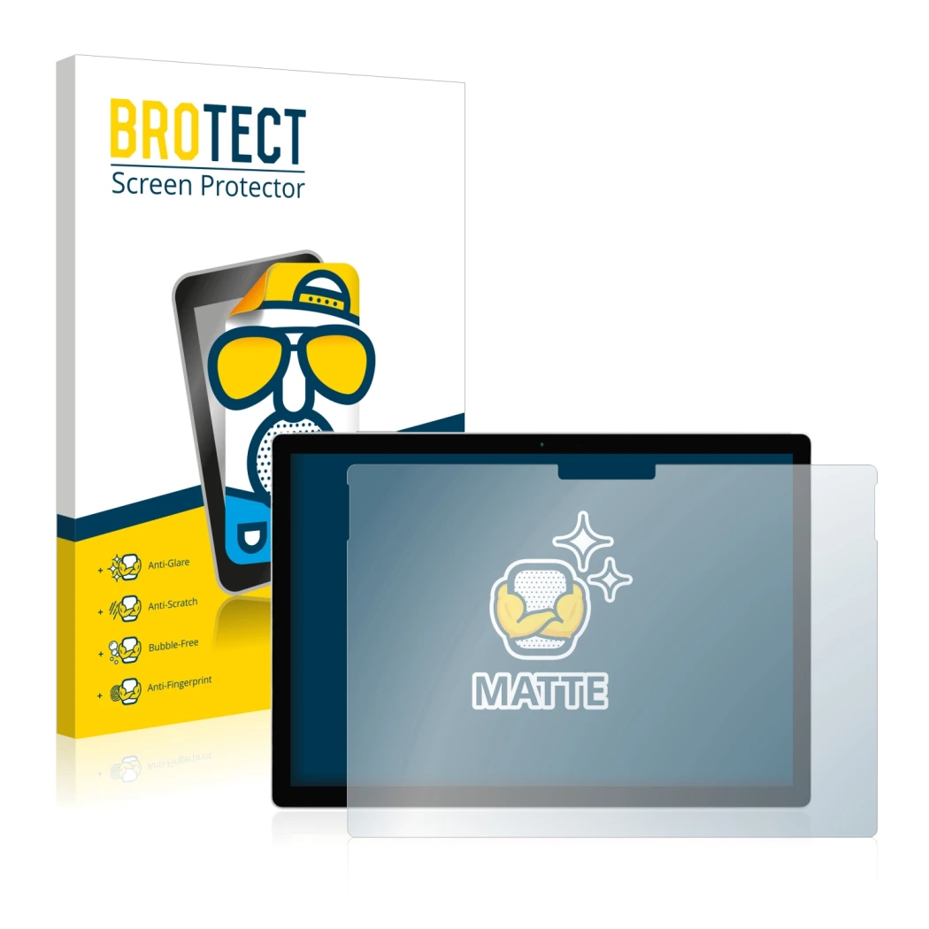 Front side of a product packaging with the brand logo BROTECT. Next to it is the device Microsoft Surface Book 2 13.5