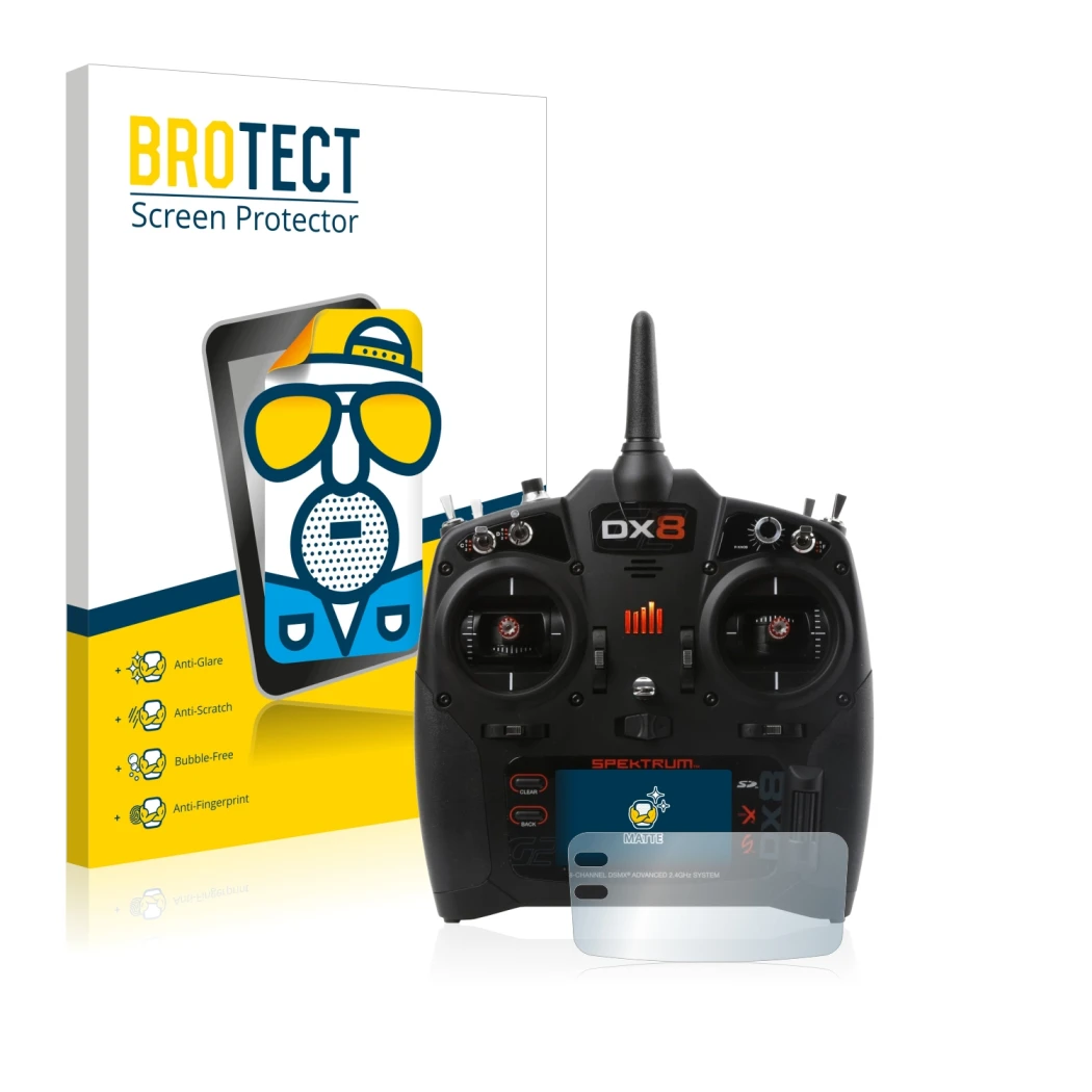 Front side of a product packaging with the brand logo BROTECT. Next to it is the device Spektrum DX8 G2 shown with the corresp