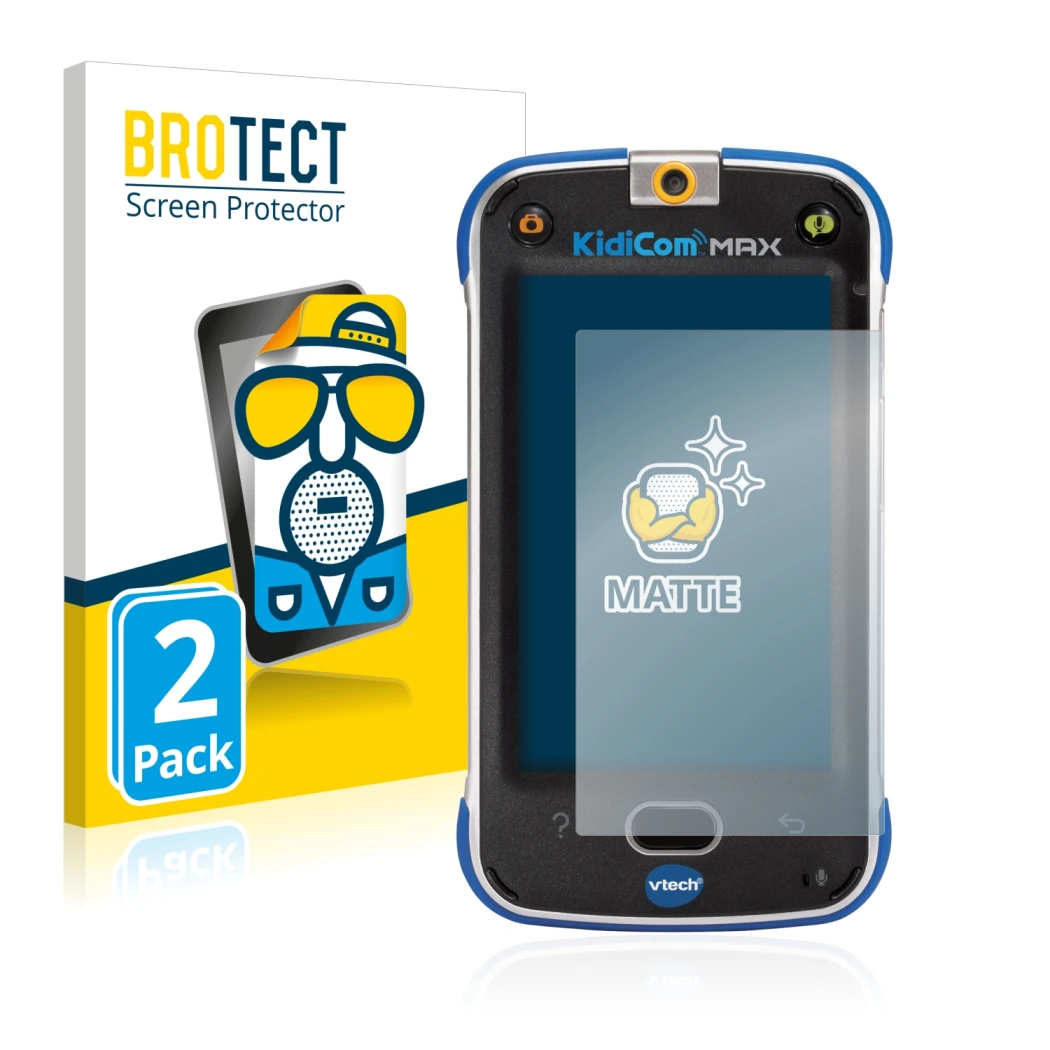 Front side of a product packaging with the brand logo BROTECT. Next to it is the device Vtech Kidicom Max shown with the corre