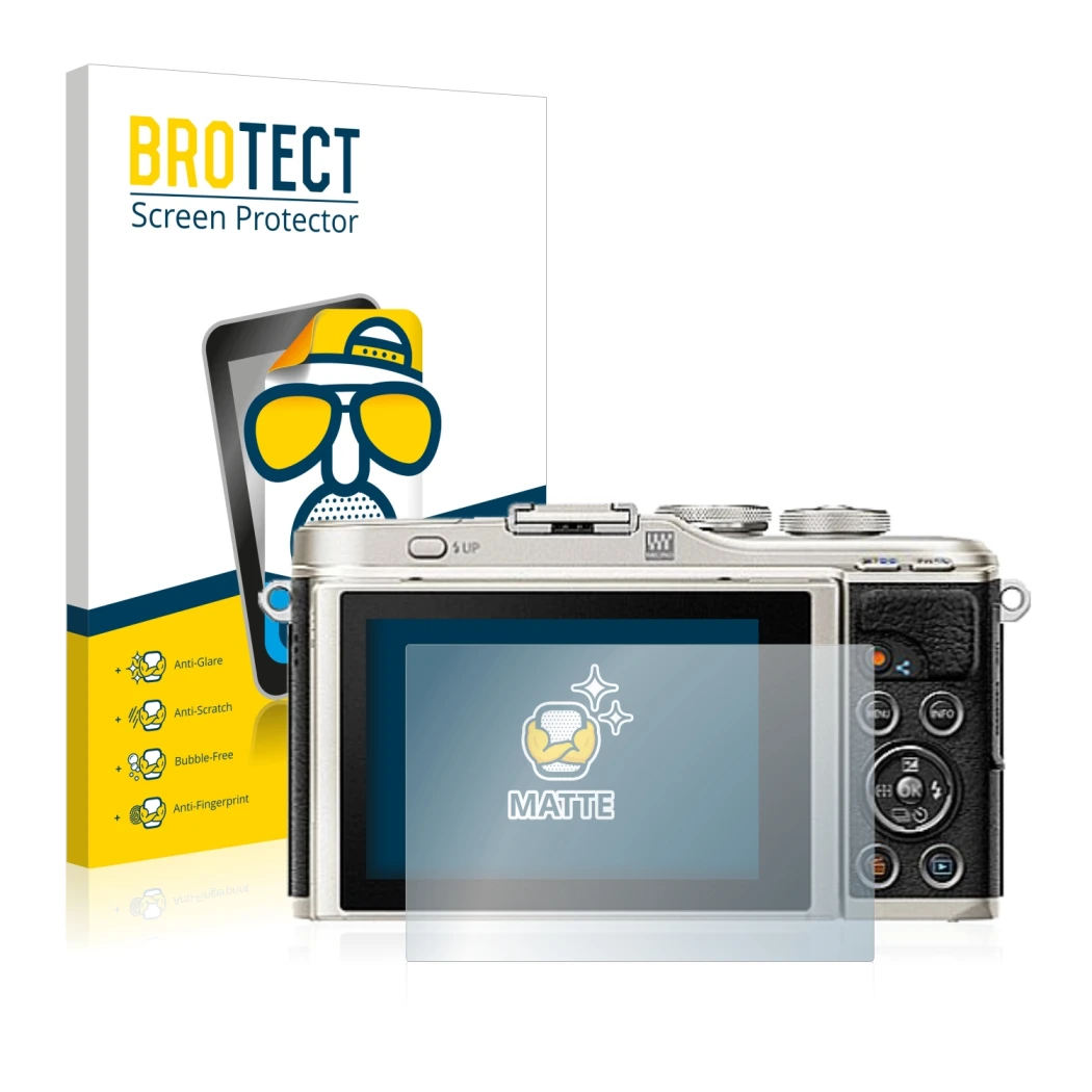 Front side of a product packaging with the brand logo BROTECT. Next to it is the device Olympus PEN E-PL9 shown with the corre