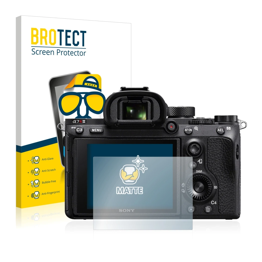 Front side of a product packaging with the brand logo BROTECT. Next to it is the device Sony Alpha 7R III shown with the corre