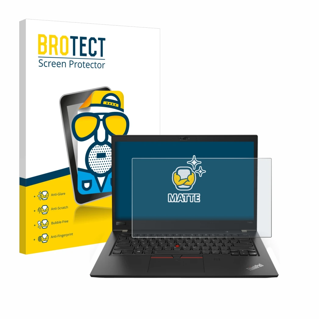 Front side of a product packaging with the brand logo BROTECT. Next to it is the device Lenovo ThinkPad T480s shown with the c