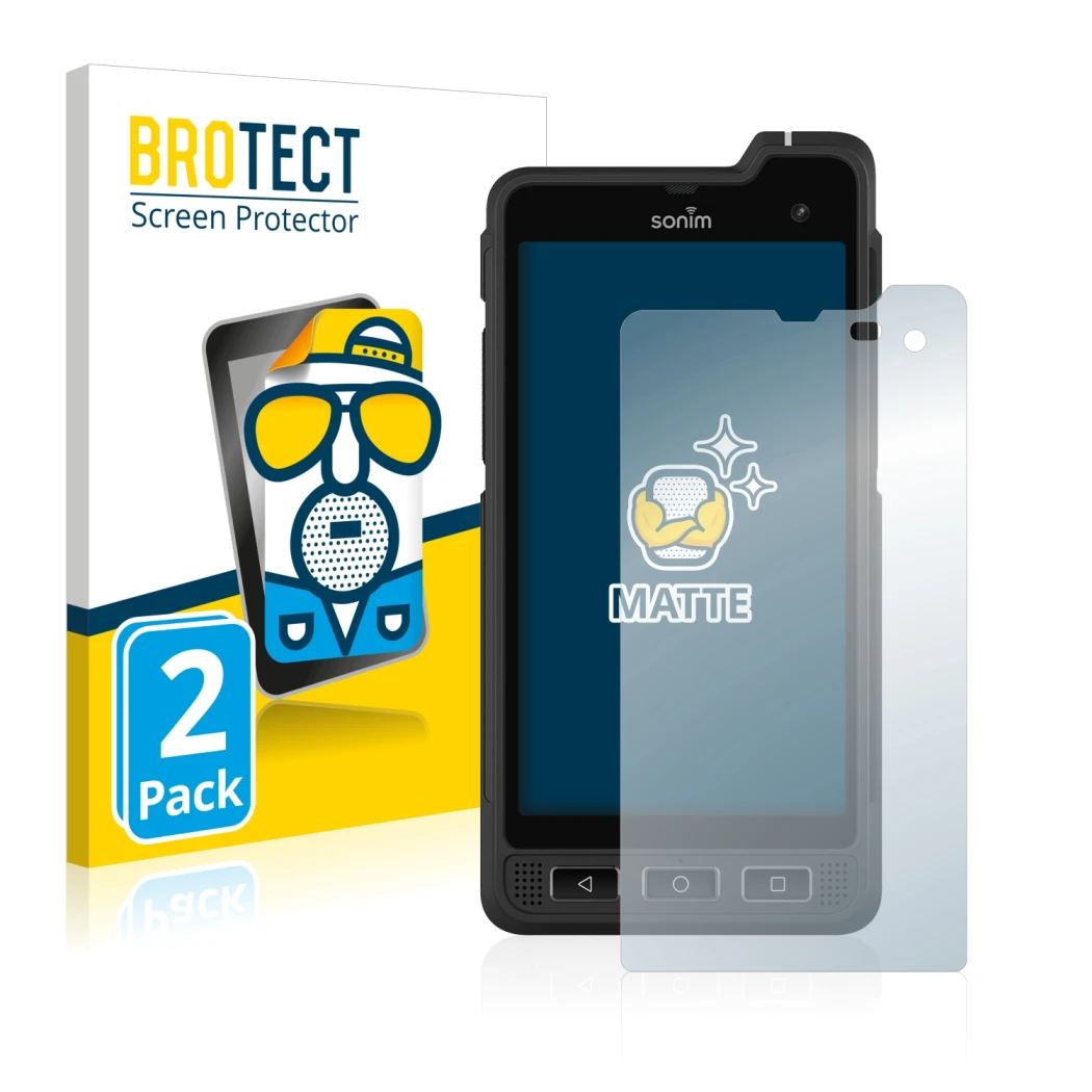 Front side of a product packaging with the brand logo BROTECT. Next to it is the device Sonim XP8 shown with the corresponding