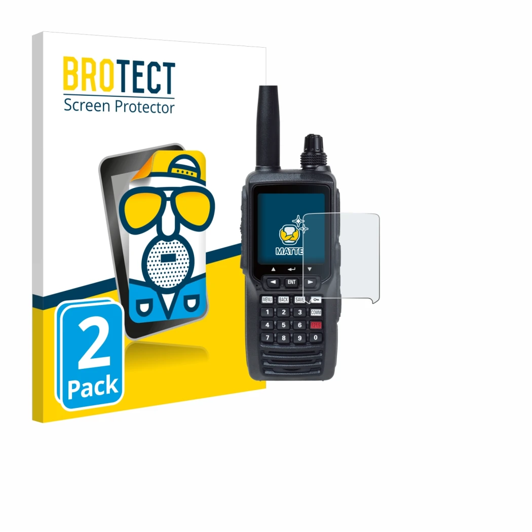 Front side of a product packaging with the brand logo BROTECT. Next to it is the device Yaesu FTA-450 shown with the correspon