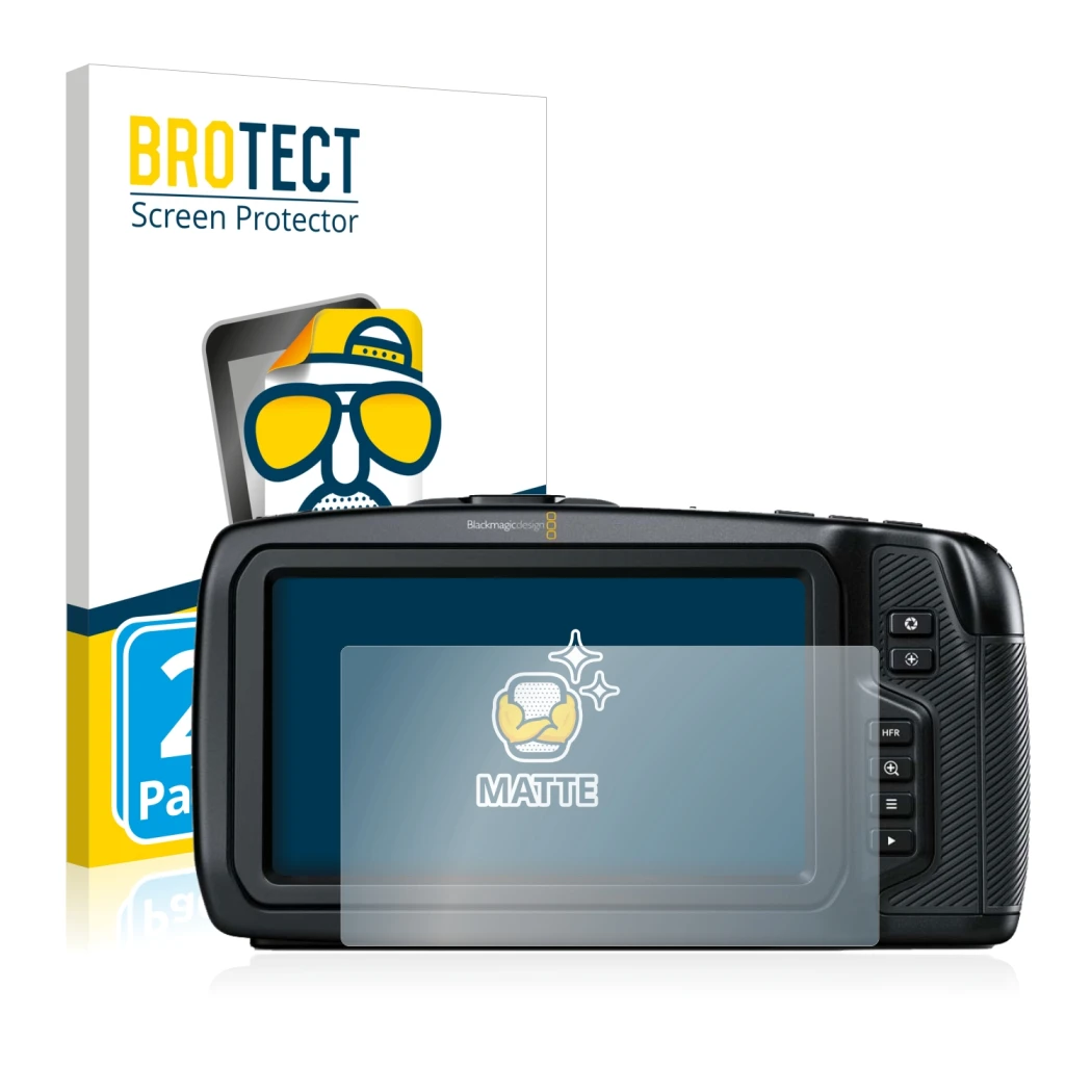 Front side of a product packaging with the brand logo BROTECT. Next to it is the device Blackmagic Pocket Cinema Camera 4K sho