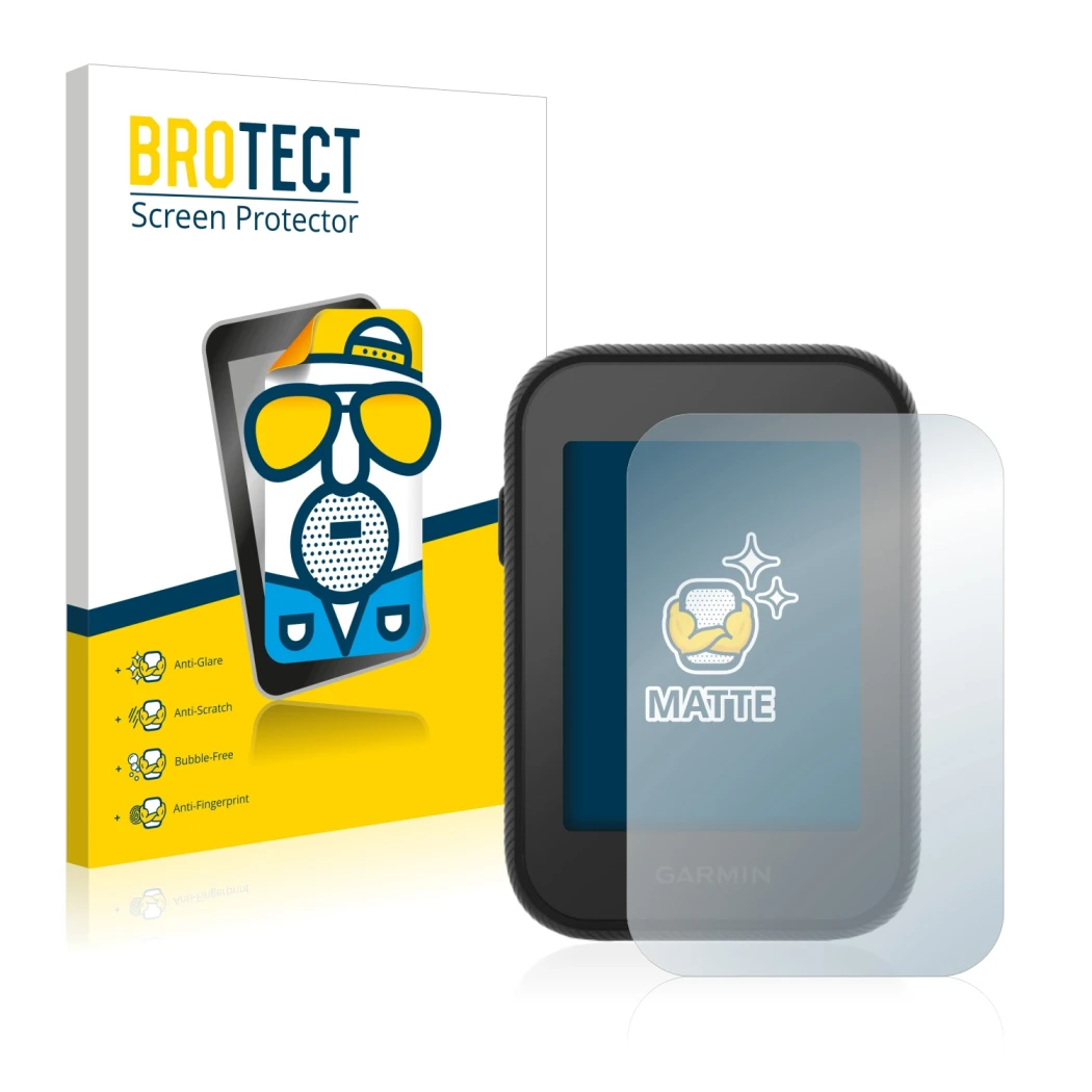 Front side of a product packaging with the brand logo BROTECT. Next to it is the device Garmin Approach G30 shown with the cor