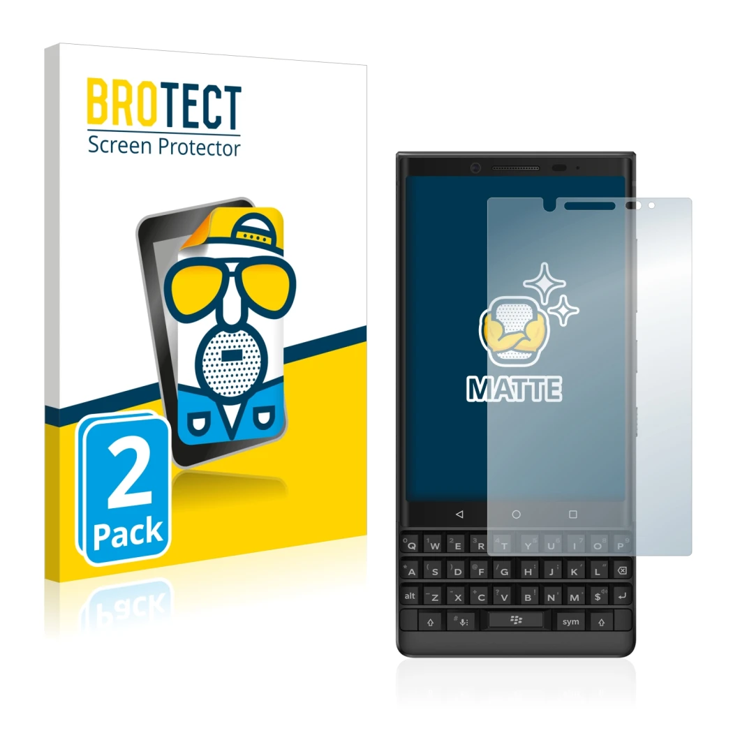 Front side of a product packaging with the brand logo BROTECT. Next to it is the device BlackBerry Key2 shown with the corresp