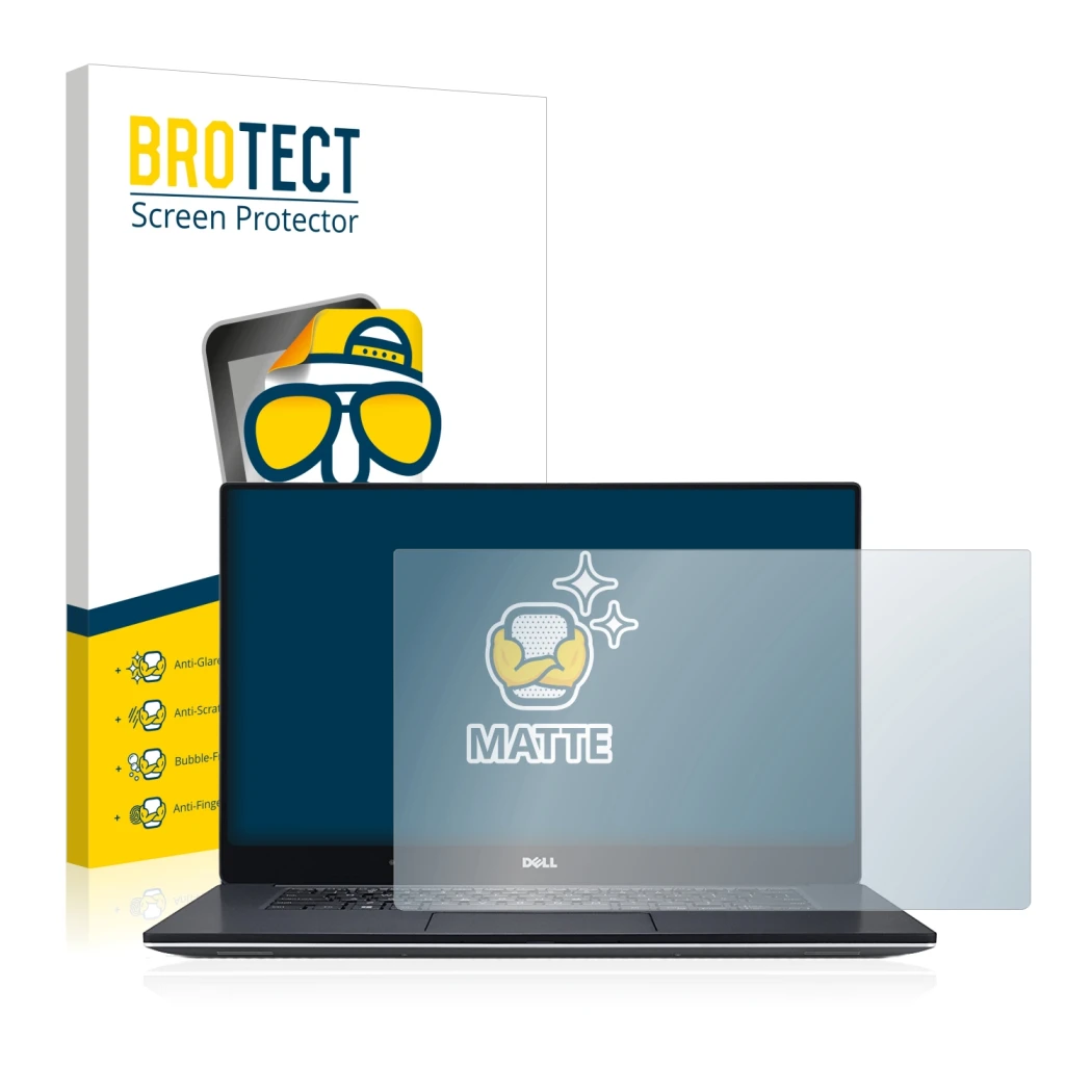 Front side of a product packaging with the brand logo BROTECT. Next to it is the device Dell XPS 15 9560 shown with the corres