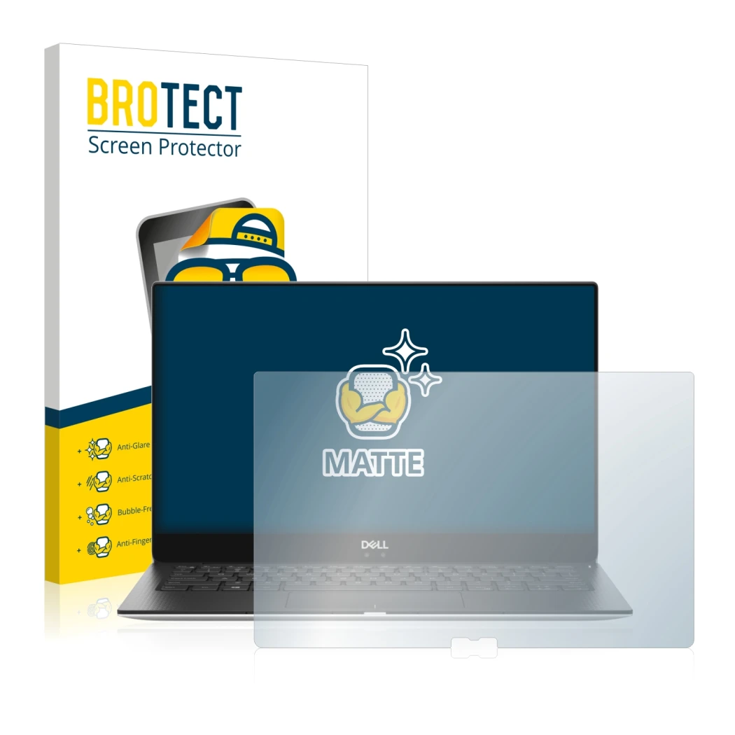 Front side of a product packaging with the brand logo BROTECT. Next to it is the device Dell XPS 13 9370 shown with the corres