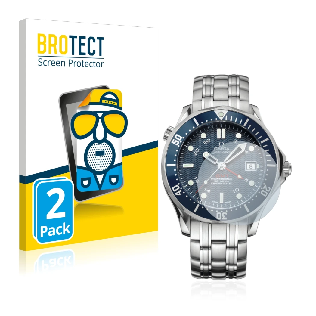 Front side of a product packaging with the brand logo BROTECT. Next to it is the device Omega Seamaster Diver (41 mm) shown wi