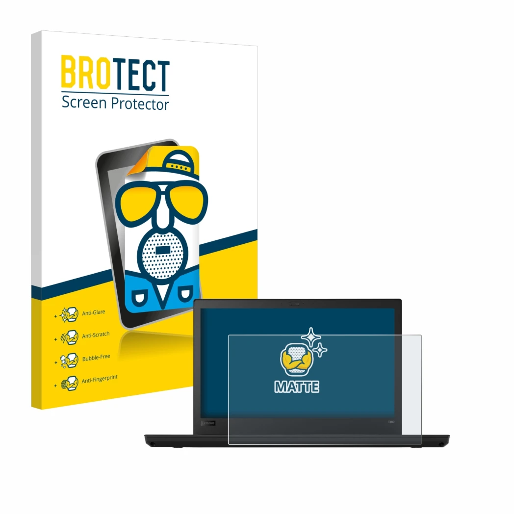 Front side of a product packaging with the brand logo BROTECT. Next to it is the device Lenovo ThinkPad T480 shown with the co