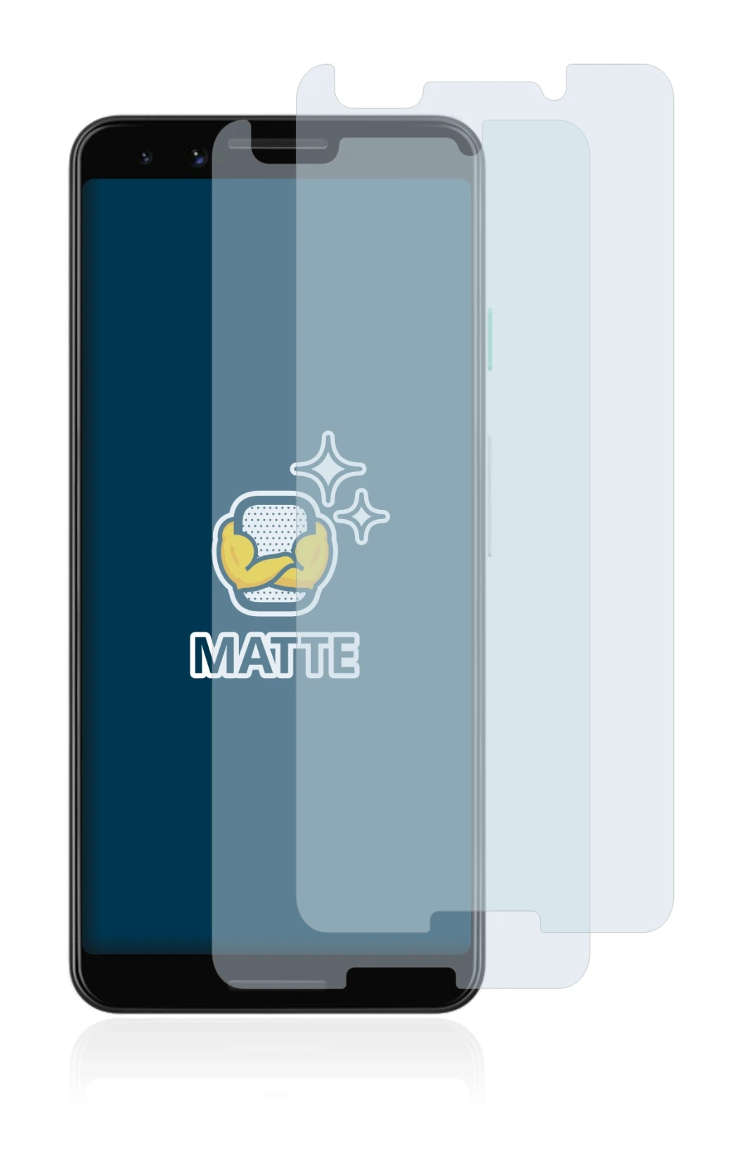 Image of the device Google Pixel 3 with a wide variety of screen protectors.