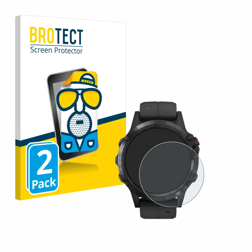 Front side of a product packaging with the brand logo BROTECT. Next to it is the device Garmin Fenix 5 Plus (47 mm) shown with