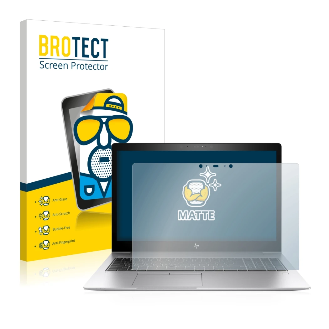 Front side of a product packaging with the brand logo BROTECT. Next to it is the device HP EliteBook 850 G5 Touch shown with t