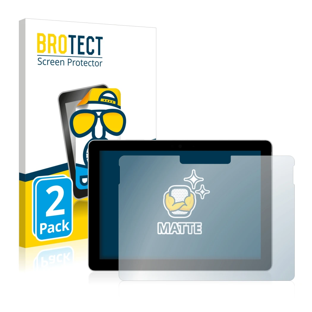 Front side of a product packaging with the brand logo BROTECT. Next to it is the device Microsoft Surface Go (1st Gen.) shown 