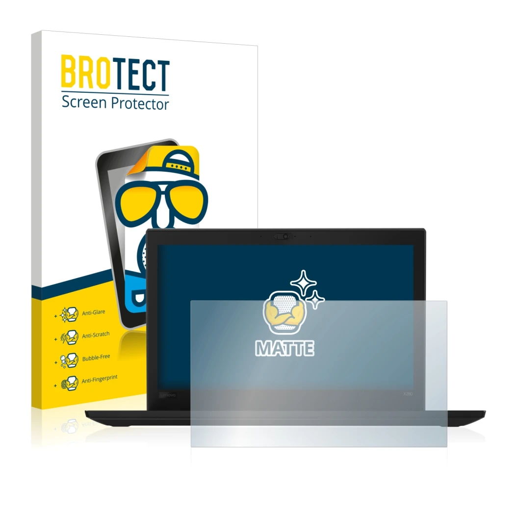 Front side of a product packaging with the brand logo BROTECT. Next to it is the device Lenovo Thinkpad X280 shown with the co