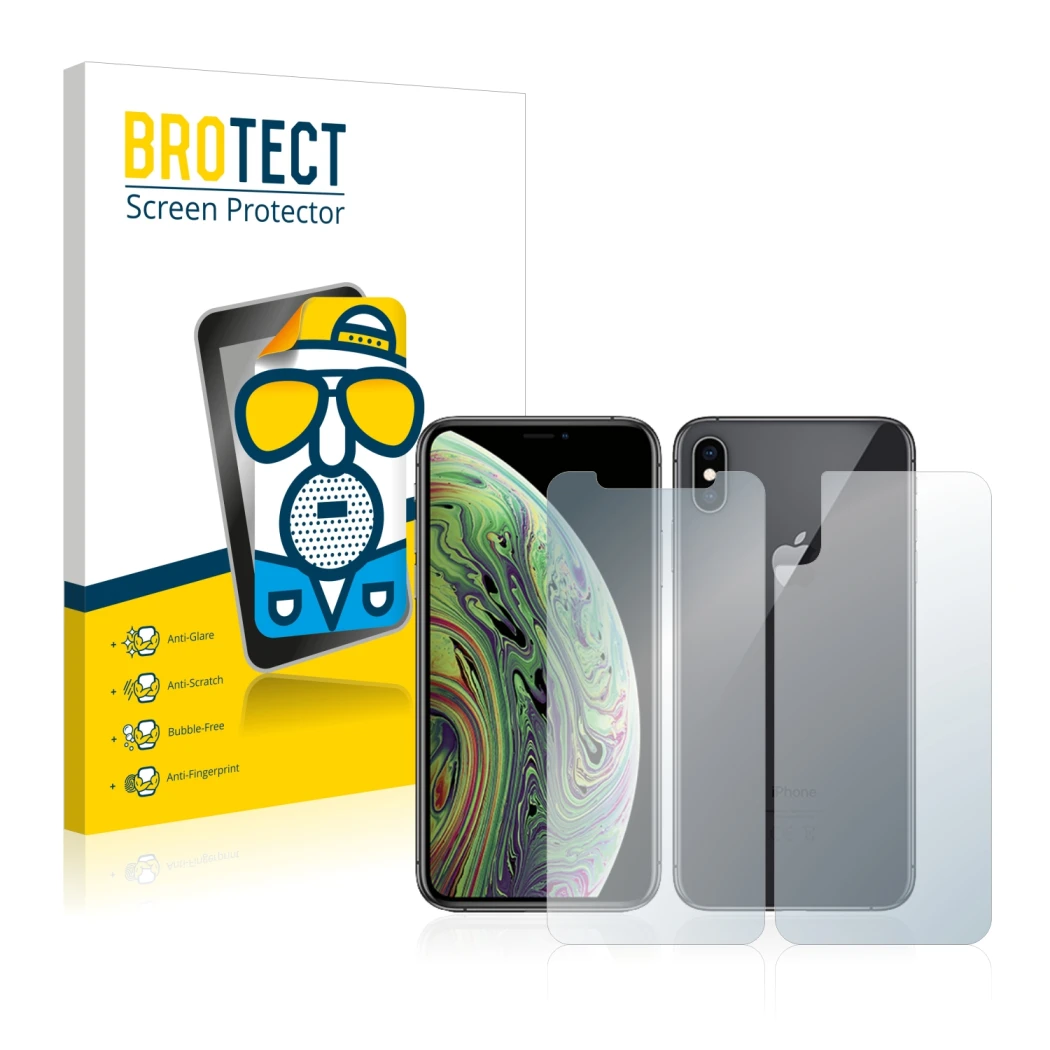 Front side of a product packaging with the brand logo BROTECT. Next to it is the device Apple iPhone Xs (Front+Back) shown wit